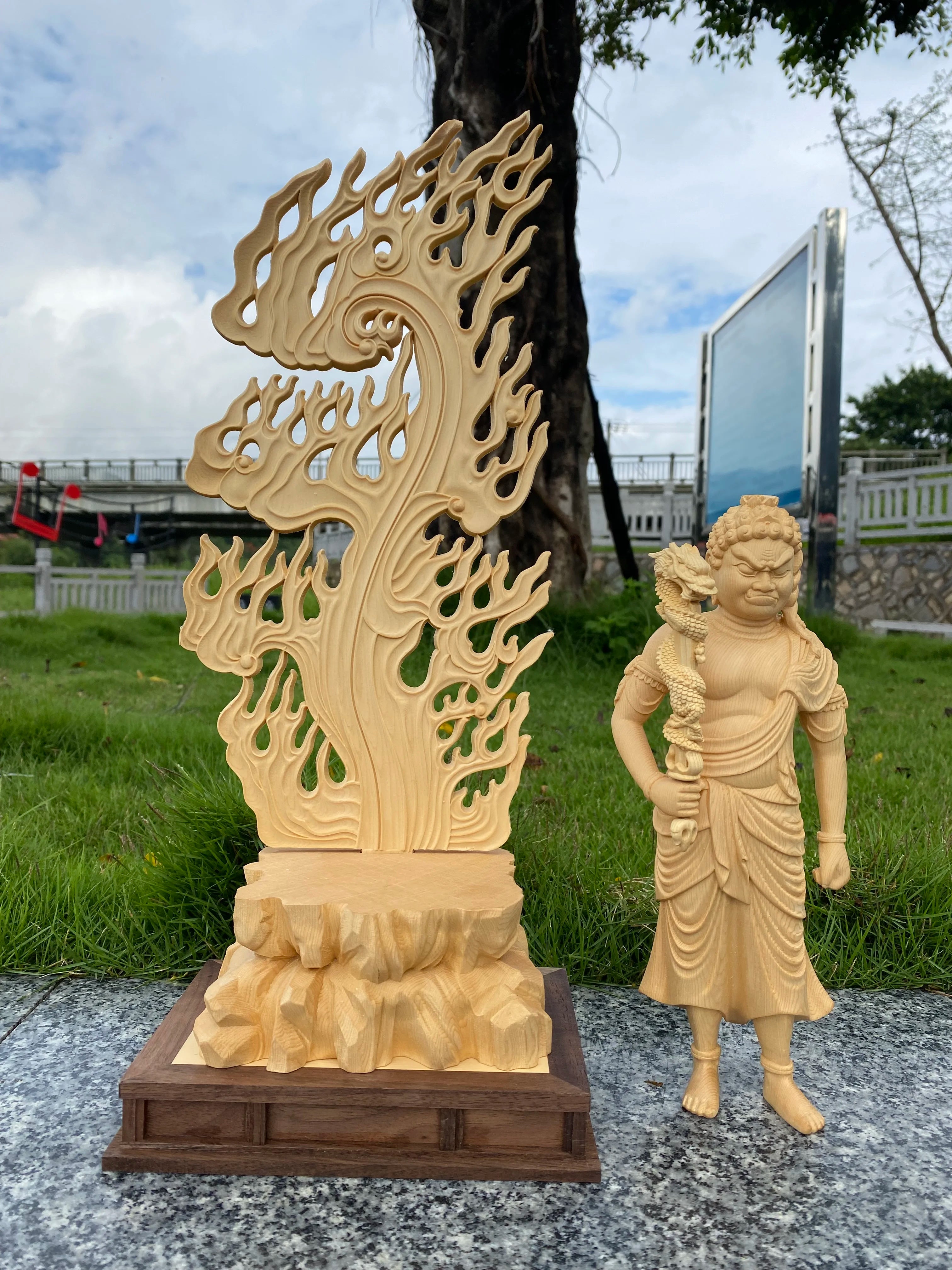 hinoki-wood-hand-carved-fudo-myoo-acalanatha-statue-figurine-with-dragon-sword-buddhist-guardian-protector-home-temple-altar