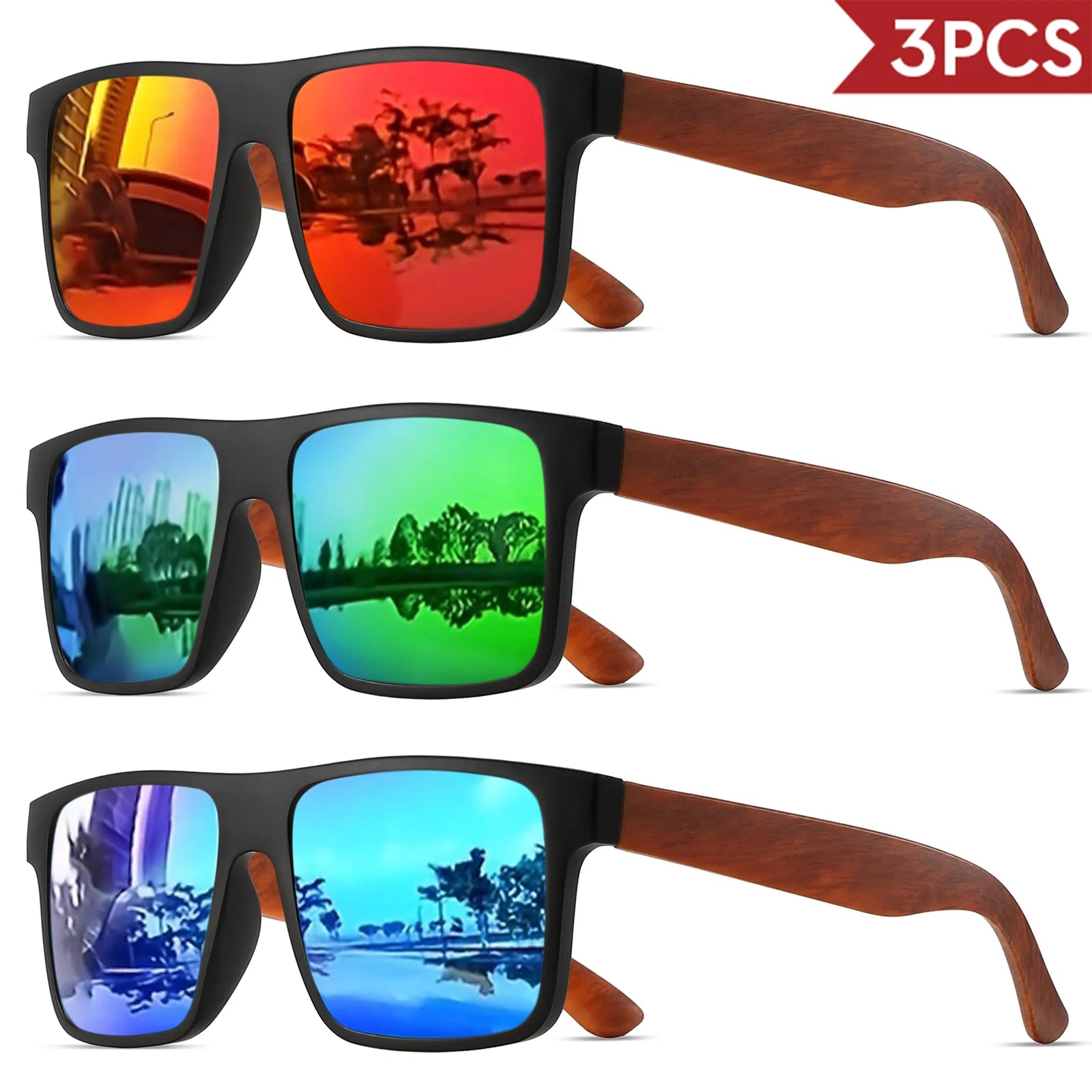 3pcs polarized retro square sunglasses - mahogany wood grain temples & spring hinges uv400 for driving/travel/outdoor
