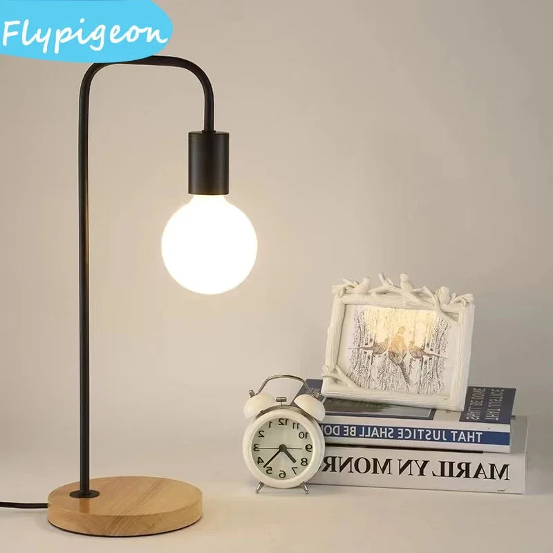Nordic e27 led wooden desk lamps vintage black white iron table lights rod countryside style bedside reading lighting