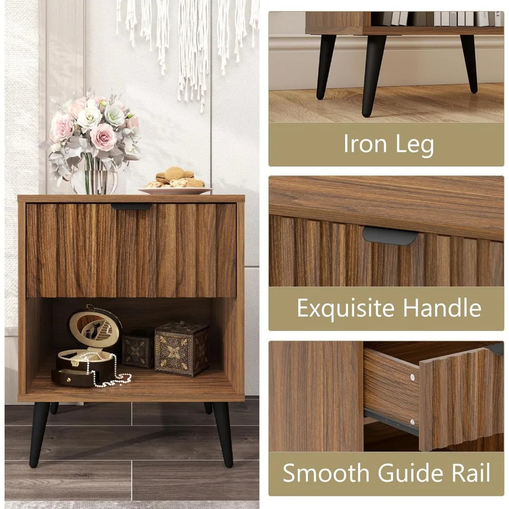 Contemporary fluted nightstand: natural wood with drawer and open shelf - united states / brown