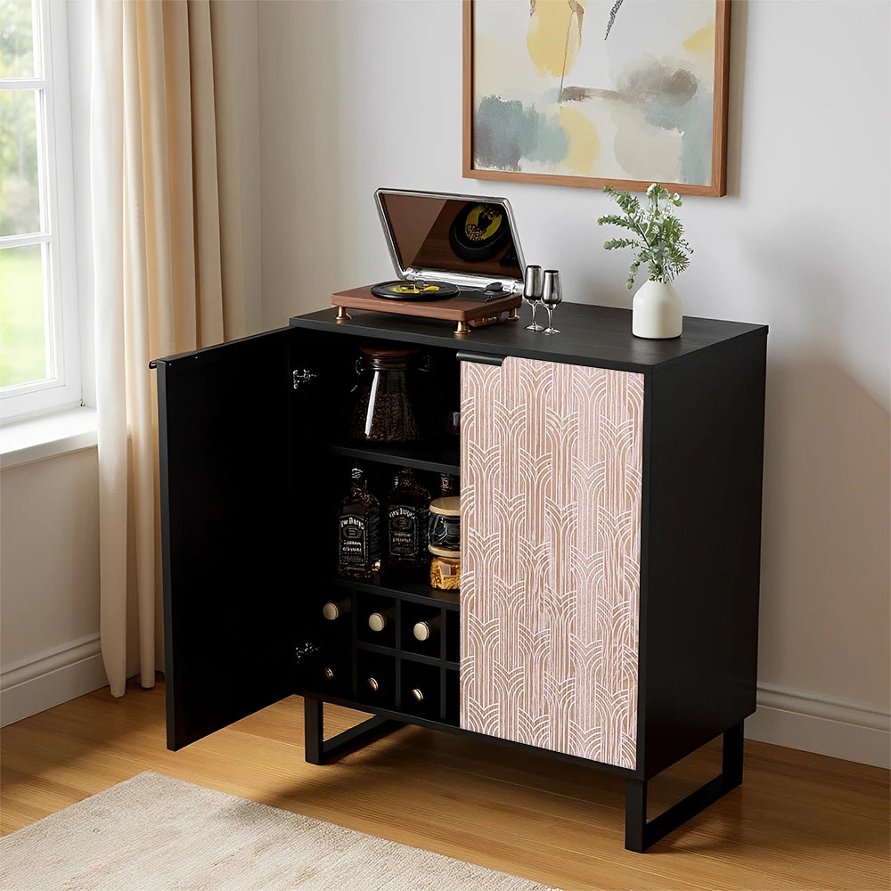 Black brown wooden wine cabinet for 14 bottles freestanding bar with glass holders sideboard function - black / united