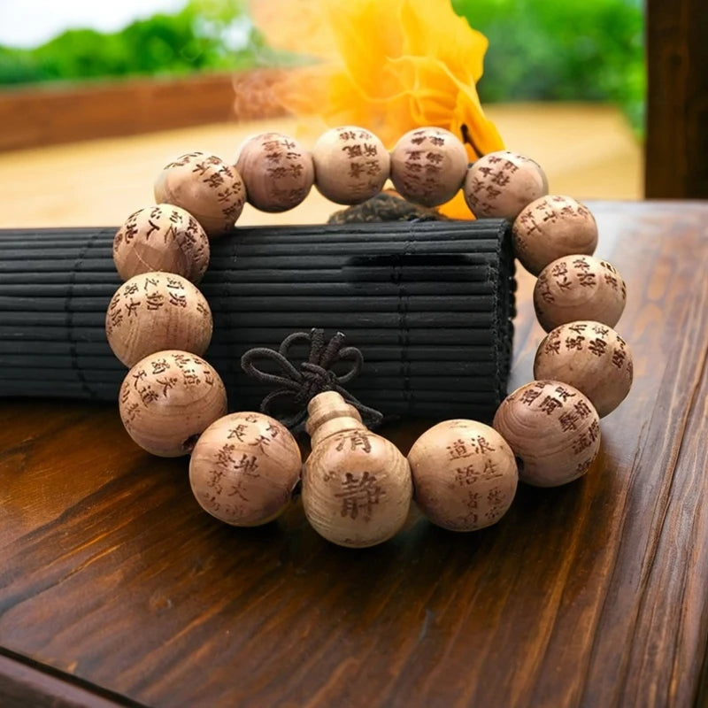 Carved peaceful buddhist prayer beads bracelet sandalwood sculpture taoist wristwear faionable wooden jewelry - 15 mm