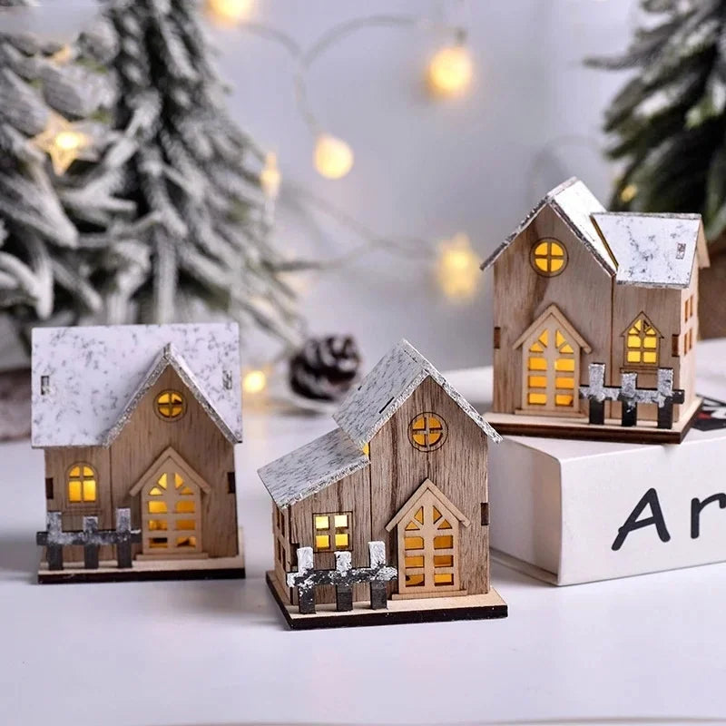 Christmas led light wooden house luminous cabin merry decorations for home diy xmas tree ornaments kids gifts new year