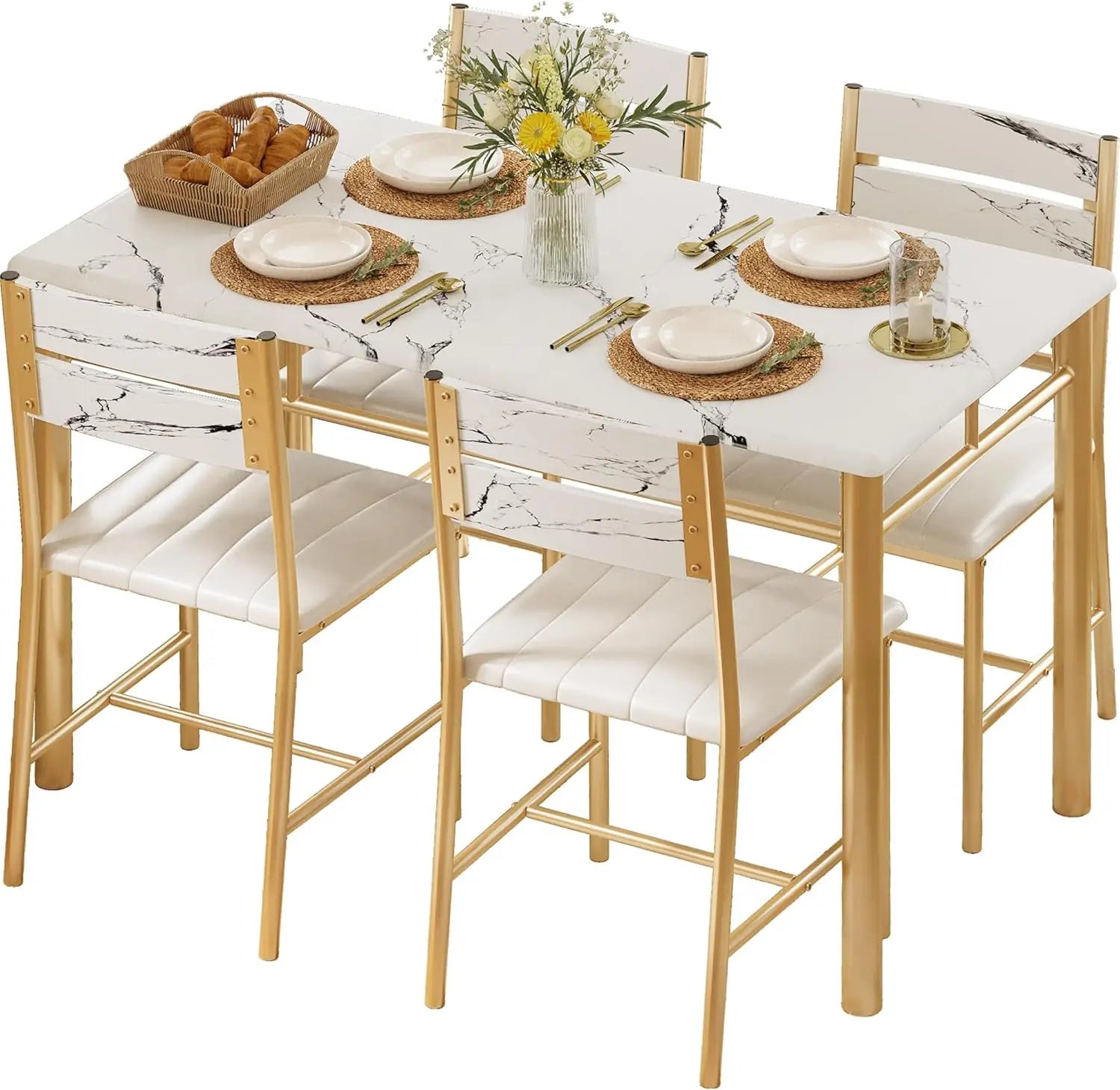 Ironck dining table set for 4 wood kitchen with upholstered chairs room and small spaces rustic brown - white gold