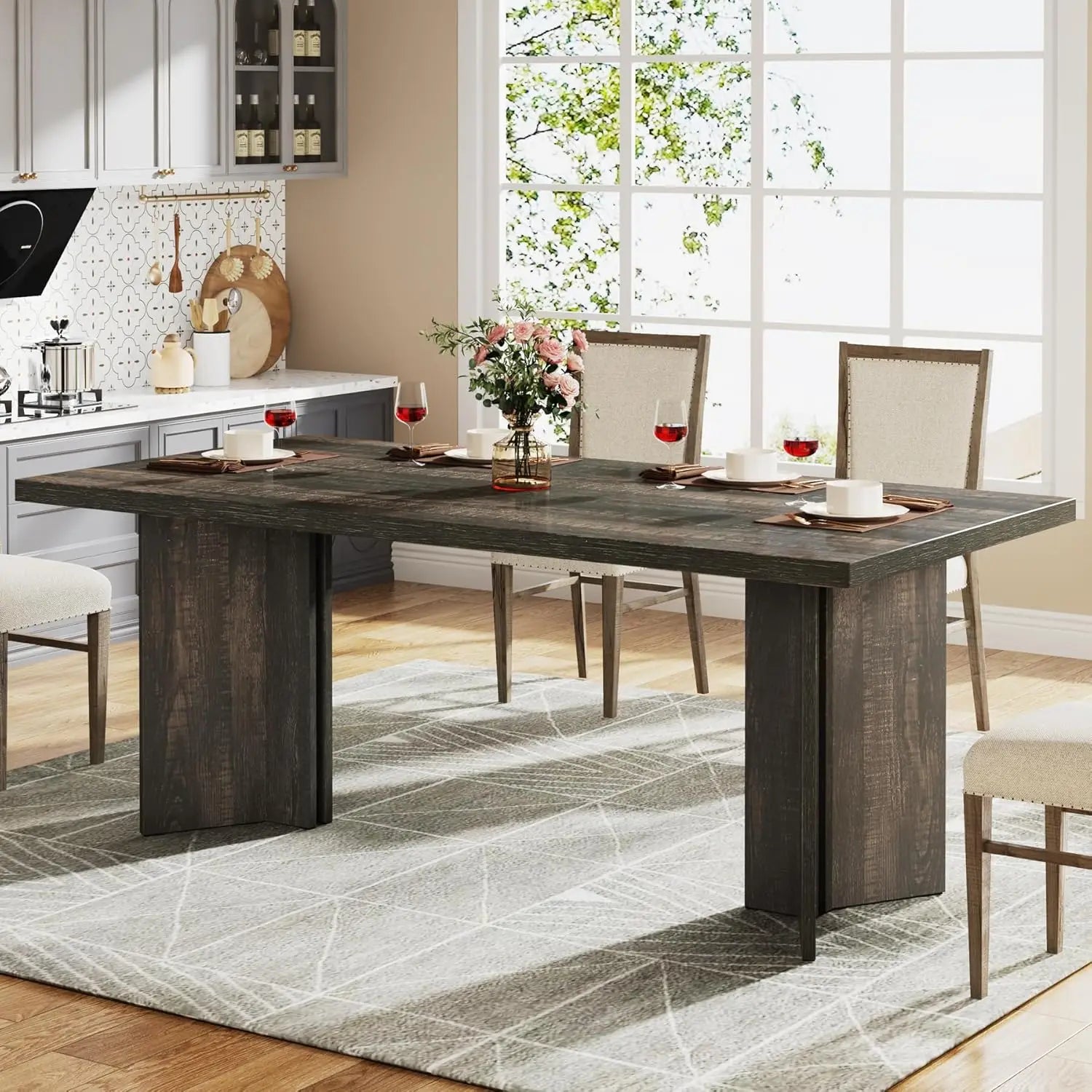Tribesigns 63-inch dining table for 4-6 farmhouse kitchen with large tabletop rectangular dinner eating - dark gray