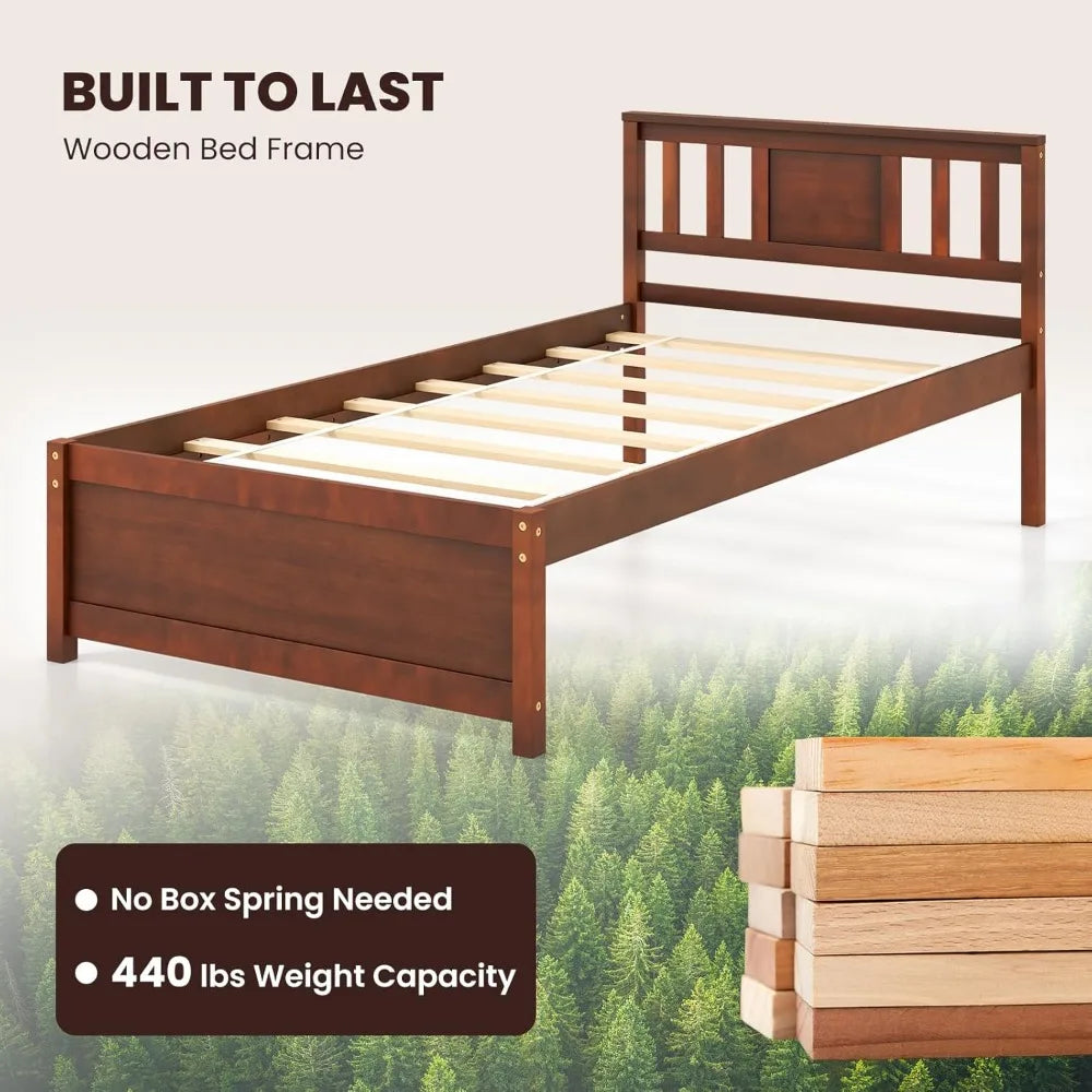 Giantex twin bed frame with headboard mid century solid wood platform single panel slat support no box spring ne