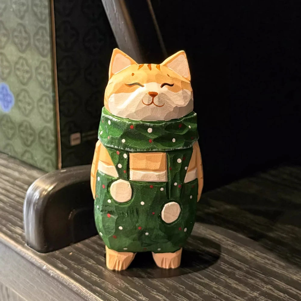 Christmas decorations wooden kitten couple sculpture home decoration handmade wood carving ornaments small animal