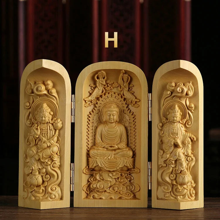 1pc exquisite boxwood carving guanyin buddha statue western sansheng wood crafts home decoration - h - religious