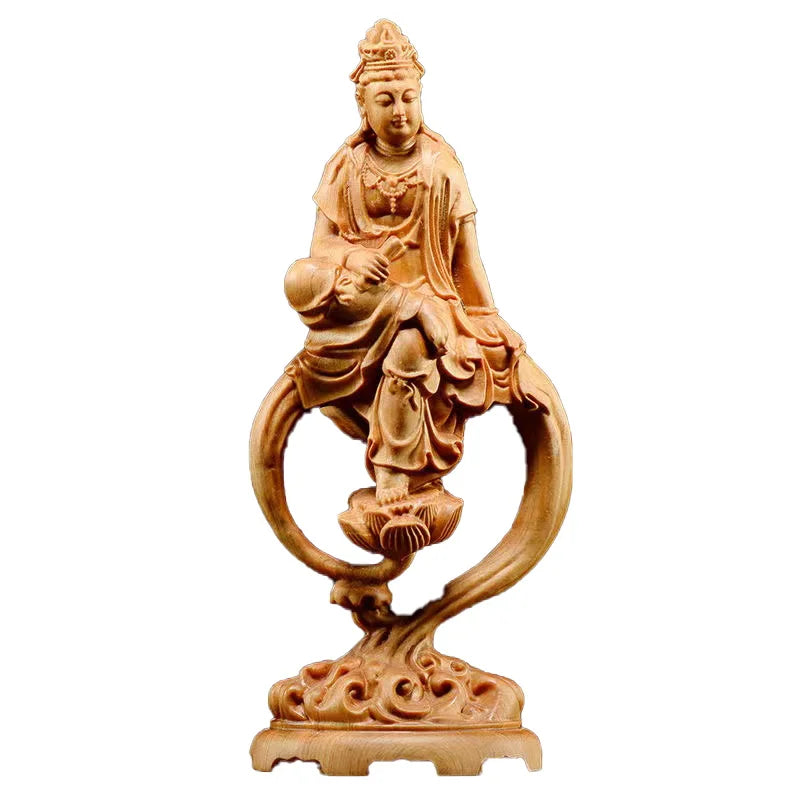 Wooden guanyin buddha bodhisattva statue hand-carved buddhism figure home room office feng shui 7.07 in - 1 - religious
