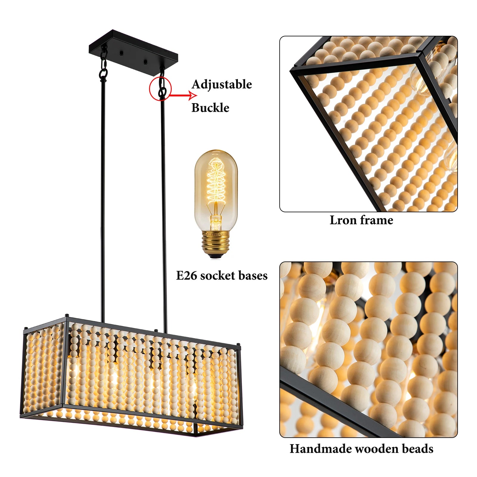 23’’ boho chandelier with handmade wood beads - adjustable 4-light farmhouse pendant for dining room - beige / 31-40w