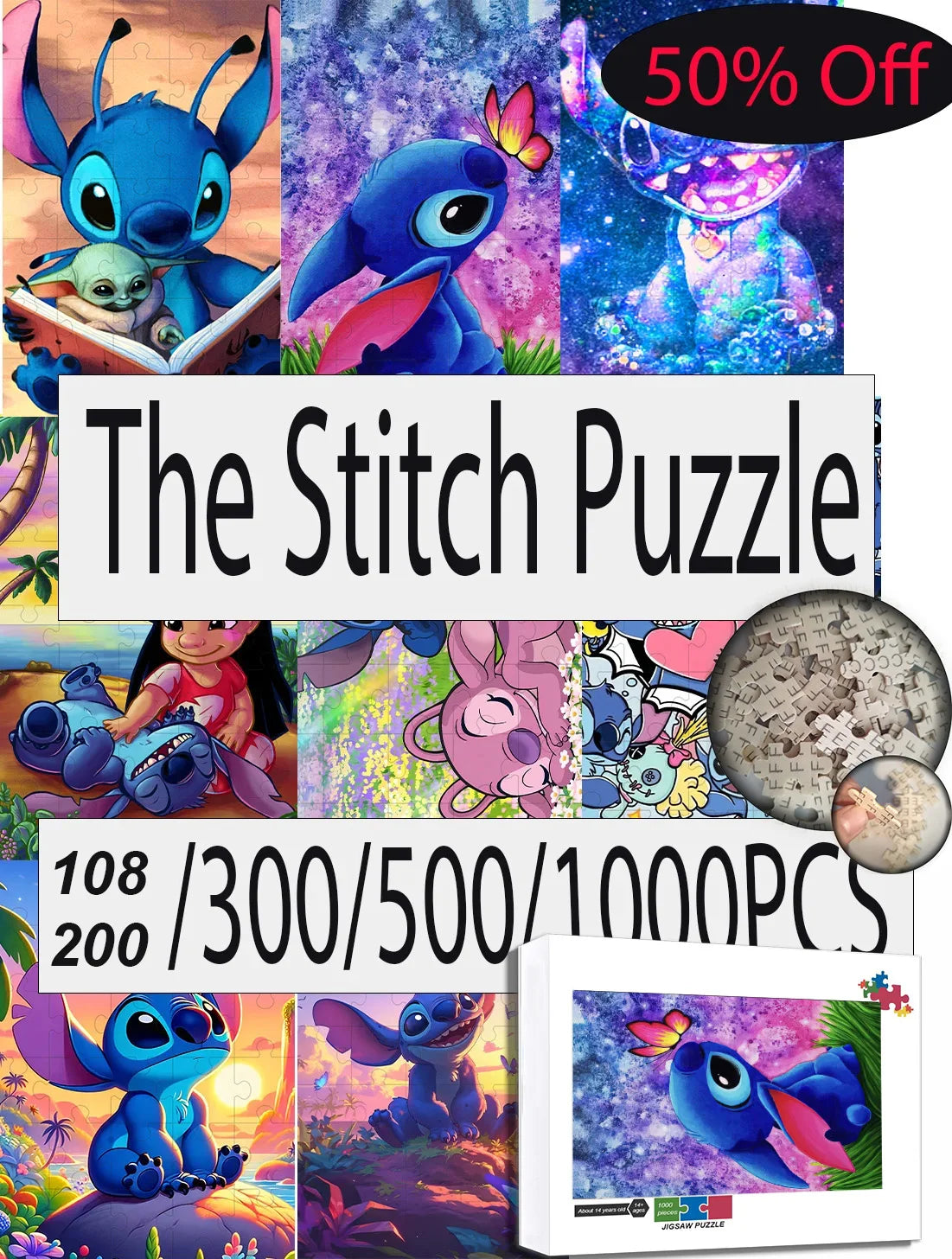 Disney stitch puzzle 108/200/300/500/1000 pieces game jigsaw toys gifts wooden high-quality floor puzzle