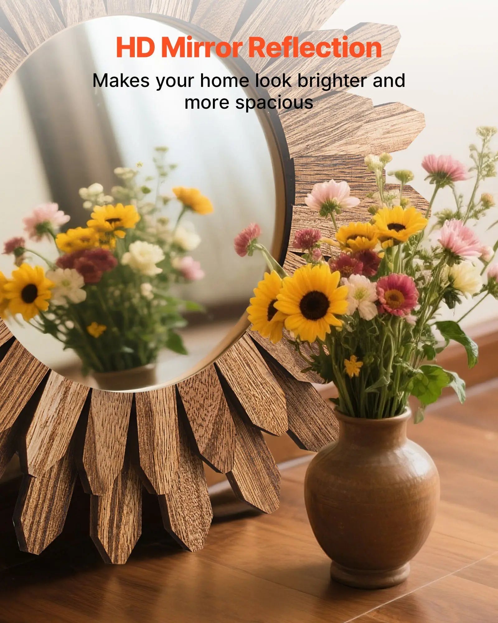 Wall mirror decorative 12’’ rustic wood sunburst design boho aesthetic for bedroom living room bathroom entryway decor