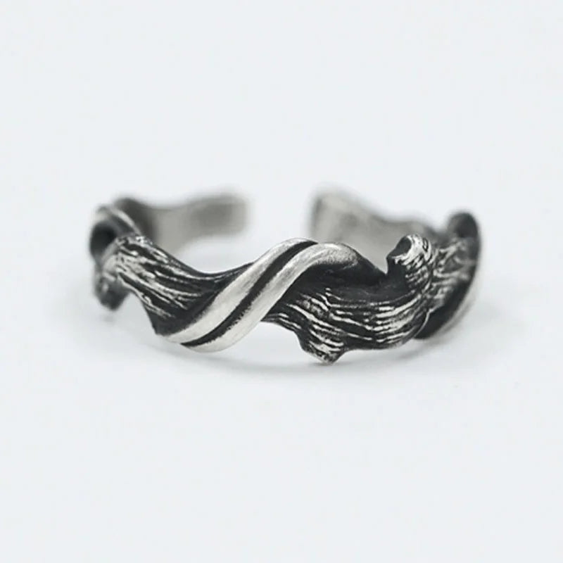 Vintage floating wood design ring male jewelry open size trend personality art index 925 silver men party accessories