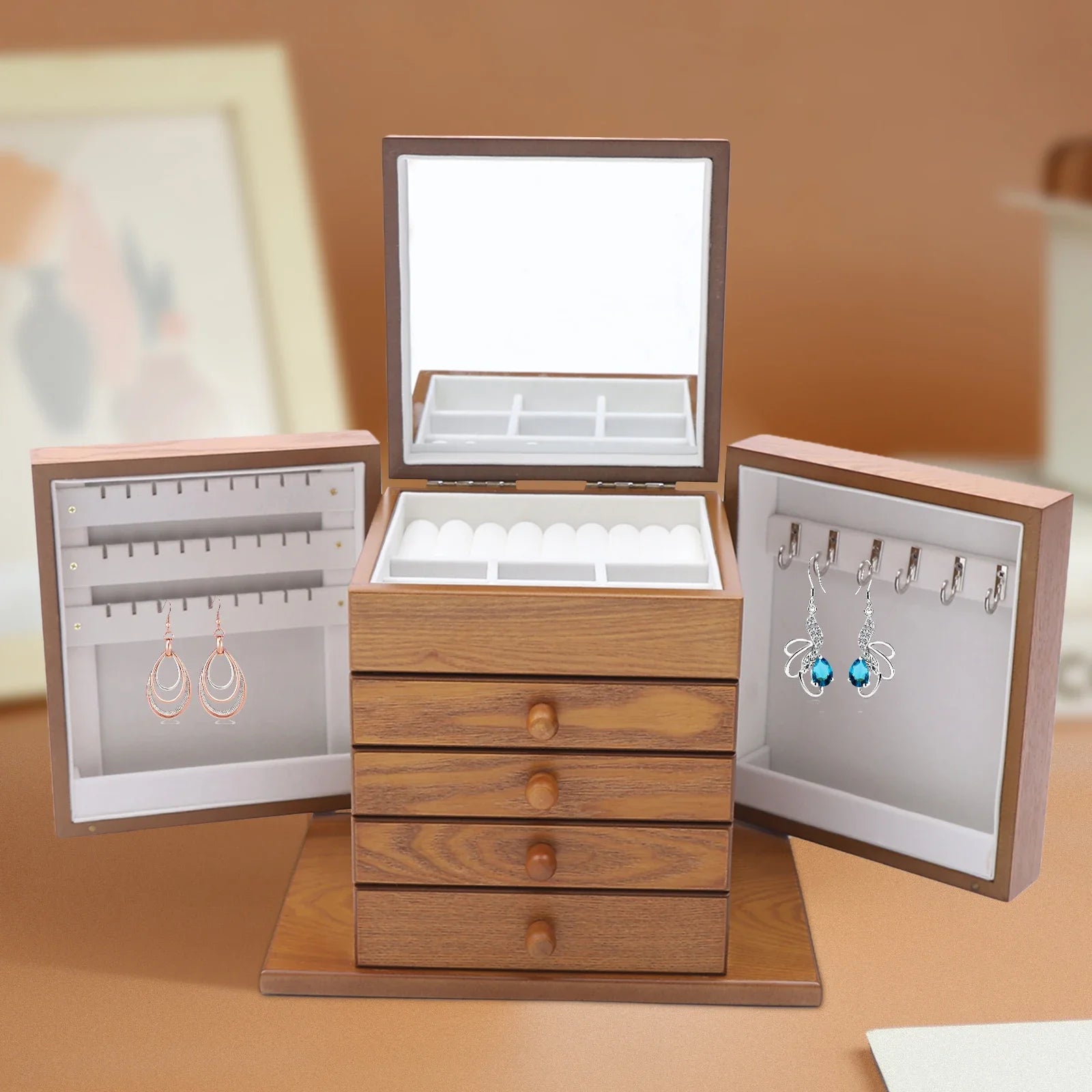 5 layer drawer jewelry box organizer storage chinese style pine wooden large high capacity luxurious solid wood