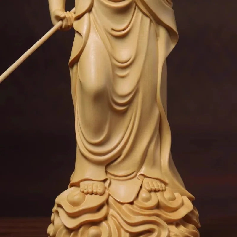 Hinoki wood hand carved ksitigarbha dizang bodhisattva standing statue figurine w/ staff jewel - spiritual ornament