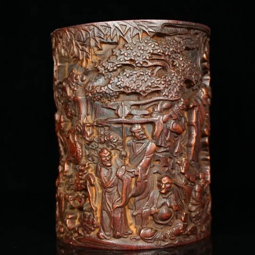 Chinese wood brush pot old bamboo carved buddha arhat pen holder collection - religious (buddhist)