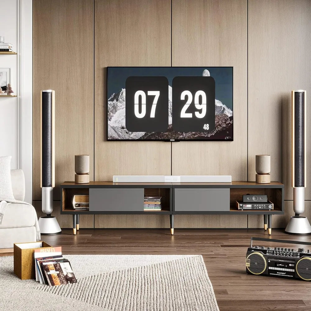 Mid century modern tv stand for 85 inch tv entertainment center with storage and sliding doors 2 in 1 long cabinet liv