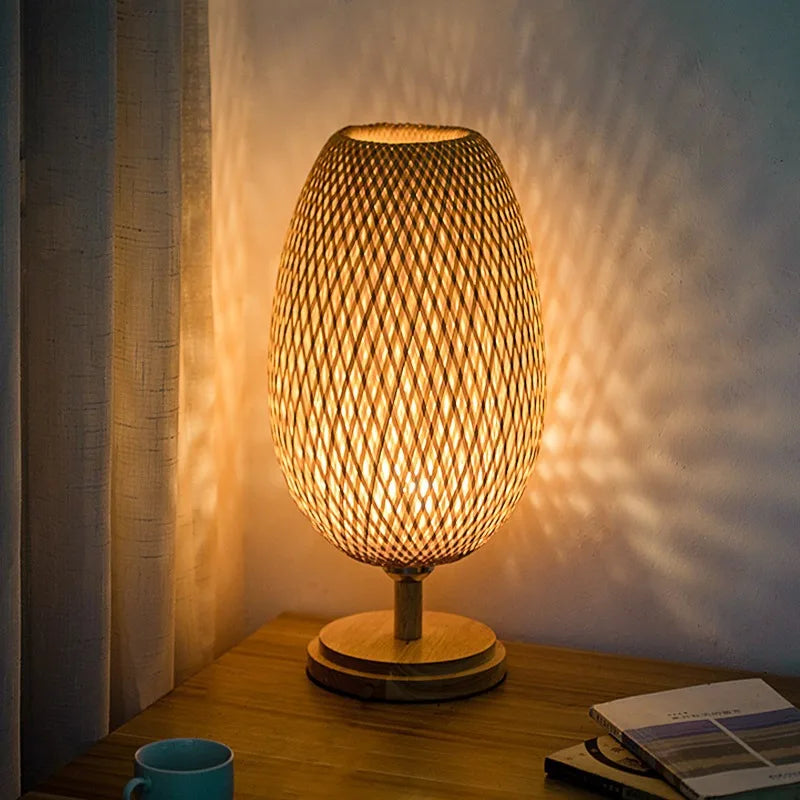 Small rattan table lamp stepless dimmable beside vintage wicker wooden nightstand for bedroom living room desk