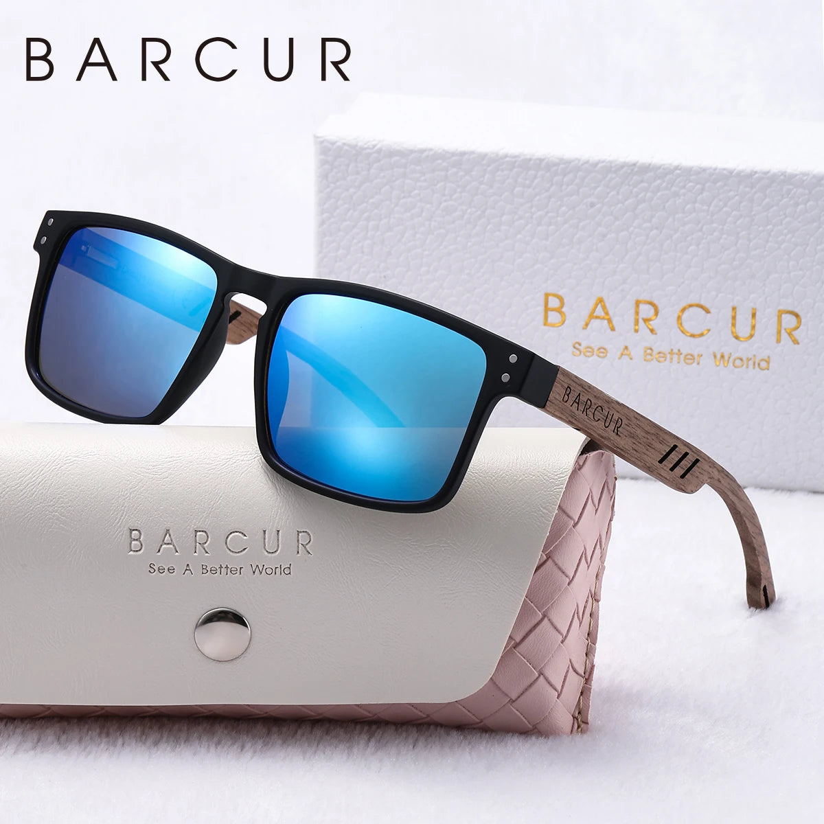 Barcur fashion double round nail polarized sunglasses walnut foot spring hinge pure natural wooden uv women - blue