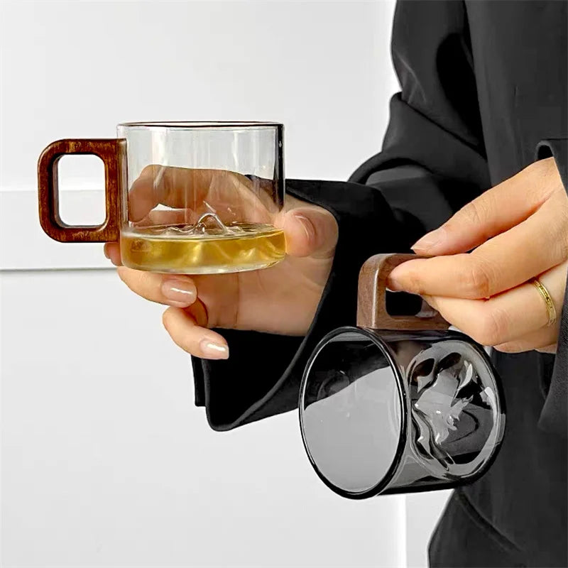 Small capacity 110ml walnut wooden handle glass coffee mug freshly ground cup home tea milk breakfast cups drinkware