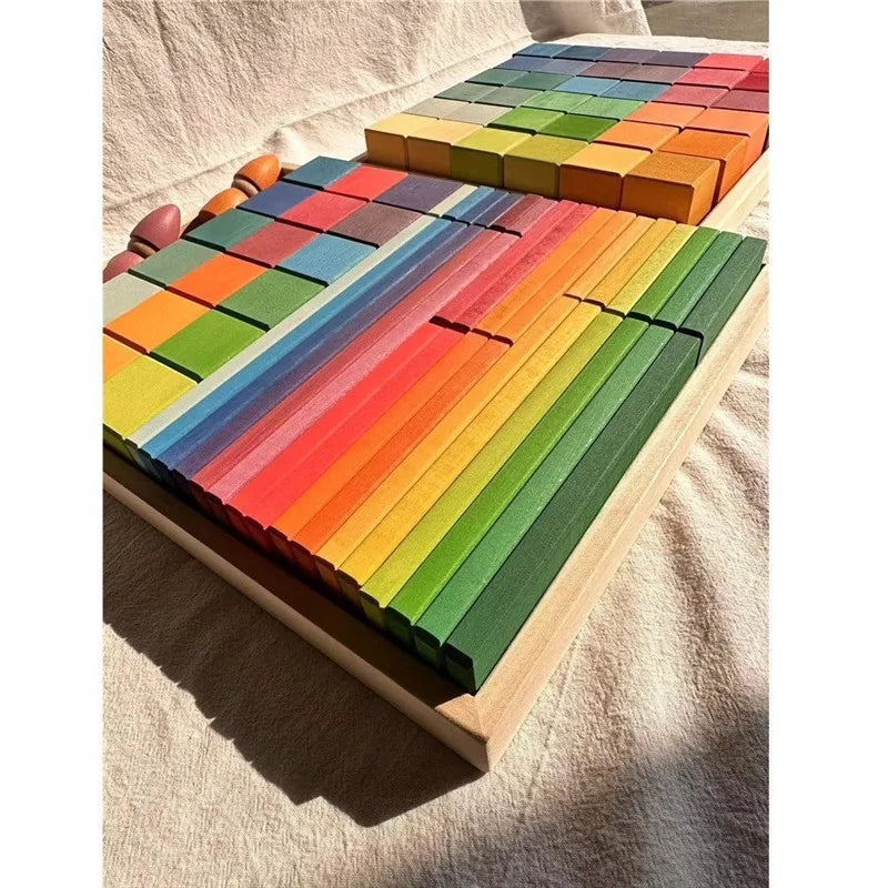 Large rainbow wood building slats construct cubes blocks pastel stacking timber toys for kids early learning - game