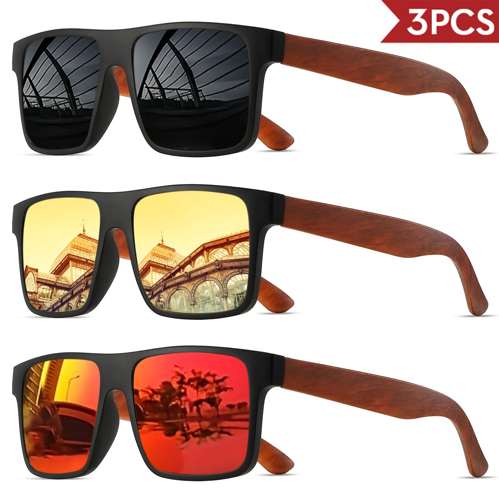 3pcs polarized retro square sunglasses - mahogany wood grain temples & spring hinges uv400 for driving/travel/outdoor