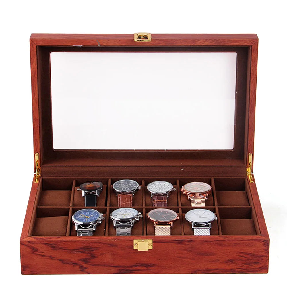 Wooden watch storage box with 12 slots rosewood grain finish soft velvet cloth lining perfect display case for watches