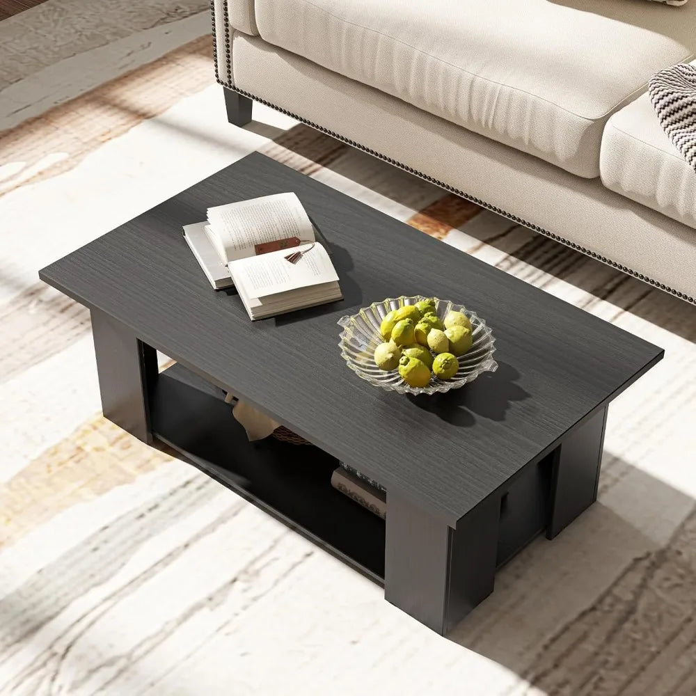 2-tier coffee table modern rectangular center cocktail with 5 support legs wooden accent living room furniture