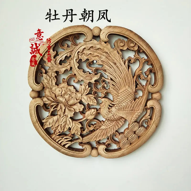 Traditional chinese woodcarving wall hanging camphor wood 3d exquisite dragon phoenix flower carving craft home