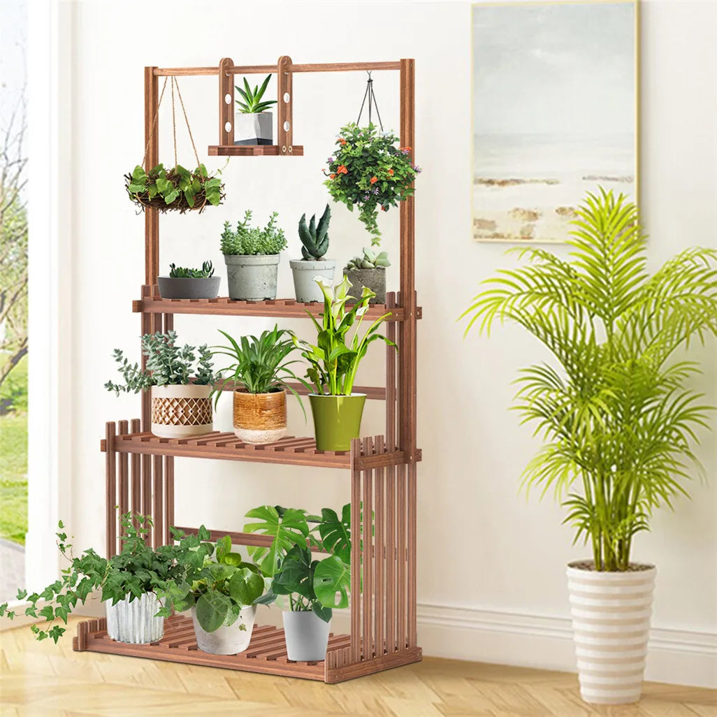Heavy duty hanging plant stand multiple wood flower potted rack planter shelving unit for indoor outdoor
