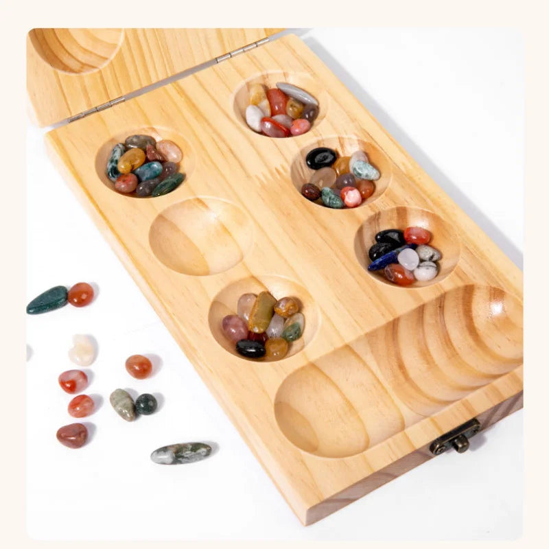 Authentic wooden mancala board game - handcrafted traditional african set with beads