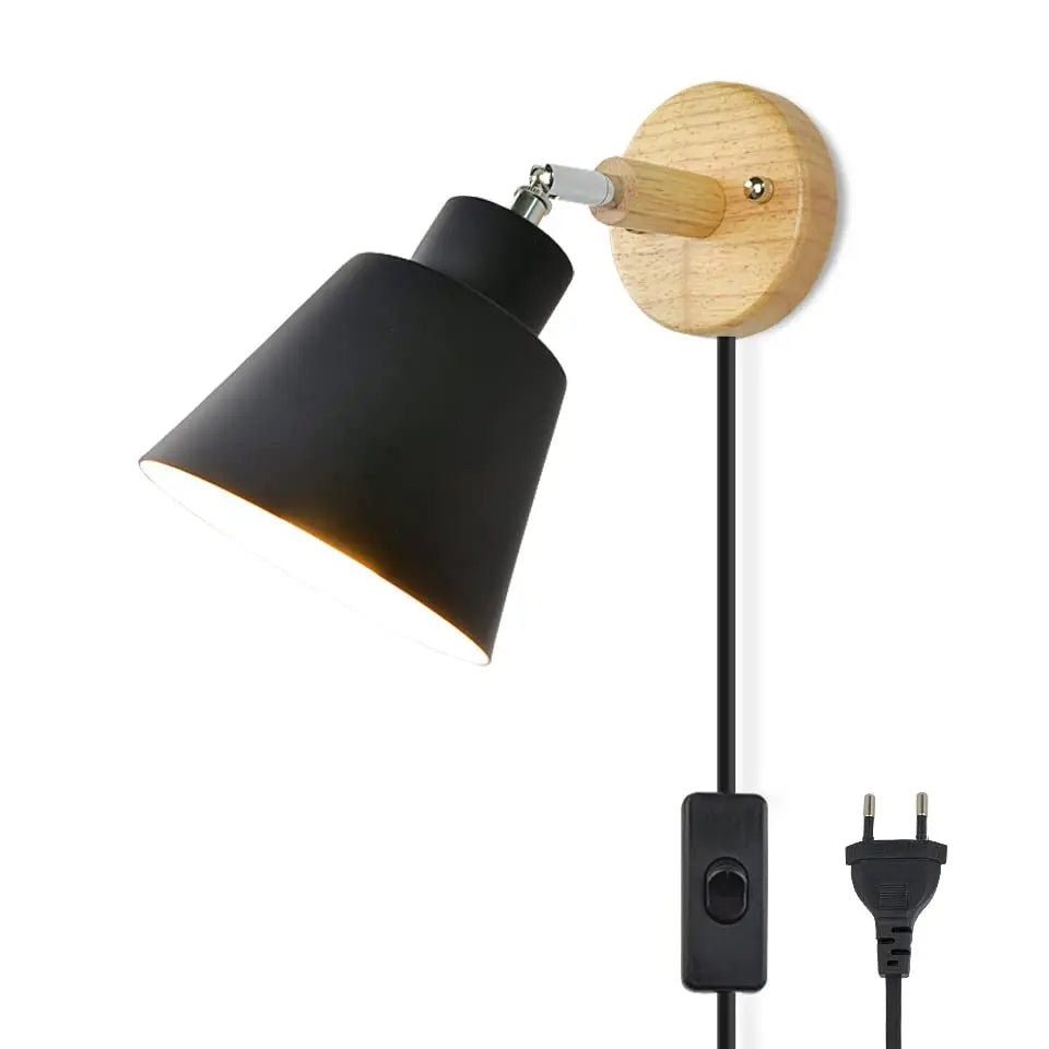 Nordic wood wall lamp with plug and 1.8 meters line cable knob switch creative bedside wall light eu wooden base