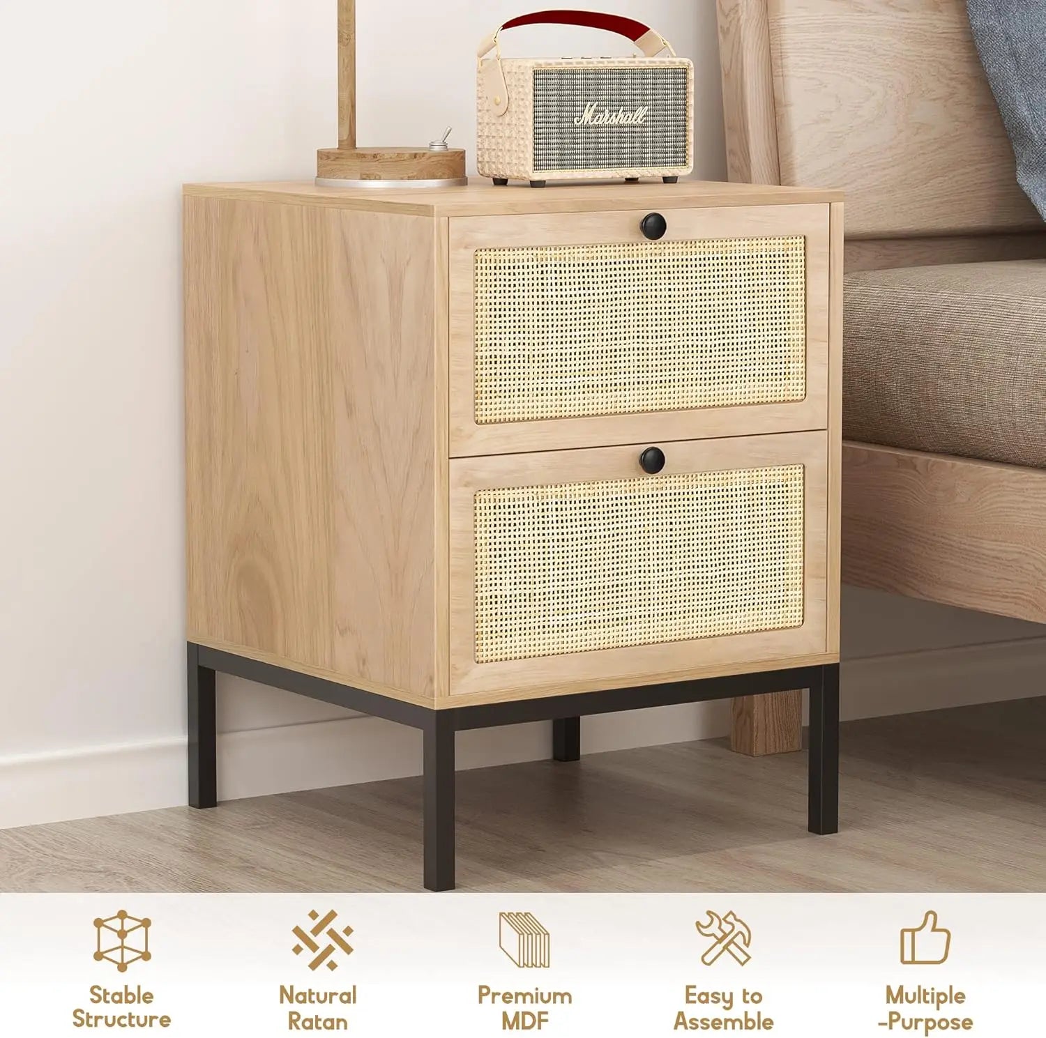 Natural rattan nightstand set of 2 boho night stand with drawers bedside table accent cane end side for bedroom l