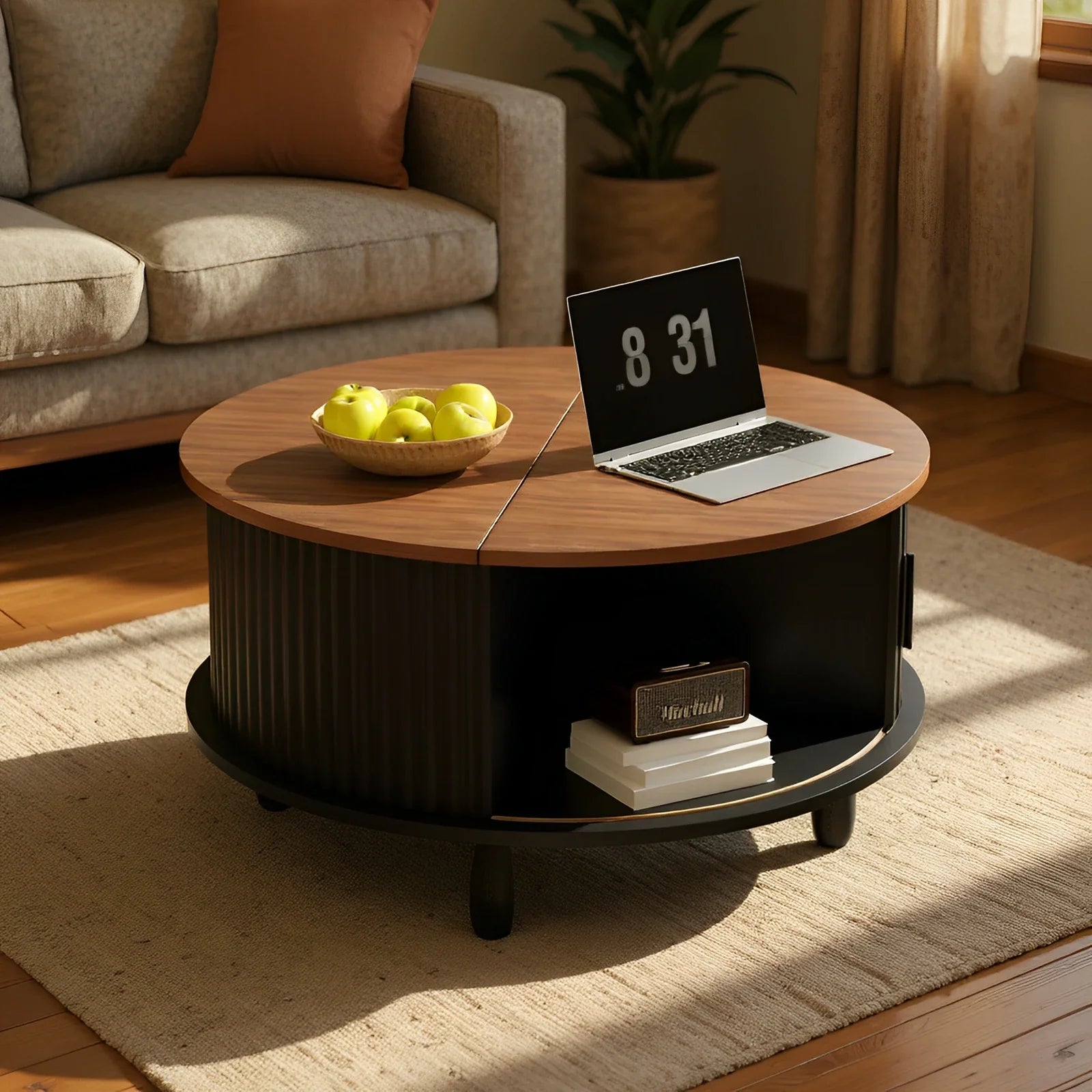 Round wooden coffee table 30.7 inch with storage function suitable for home living room office sliding cabinet door