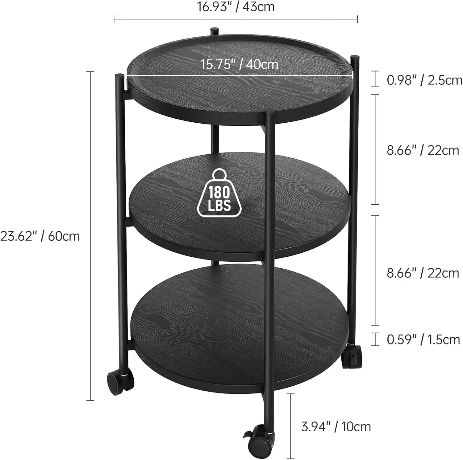 Side table 3-tier modern end with wheels small round nightstand bedside for living room bedroom or spaces - united
