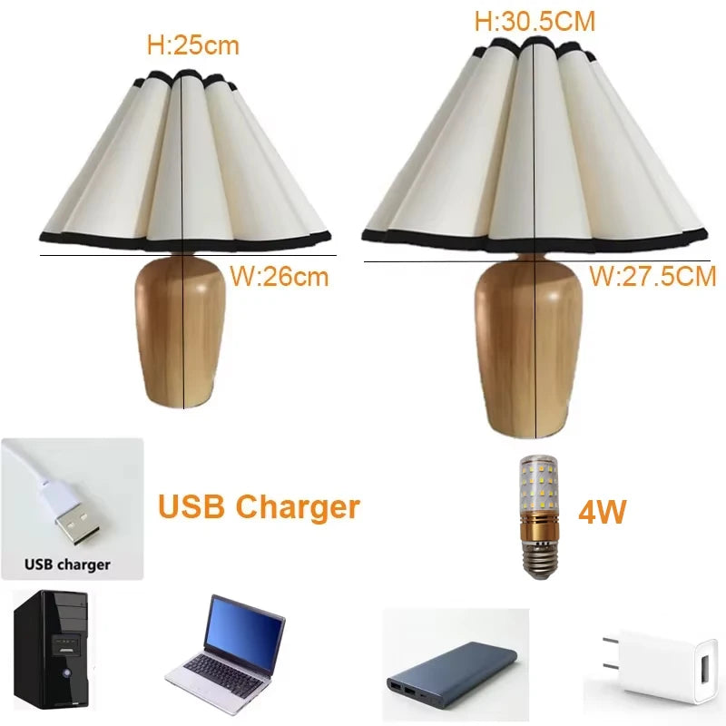 E27 usb retro wooden table lamp simple japan style fabric desk w/ 4w bulb for living room atmosphere bedroom bedside