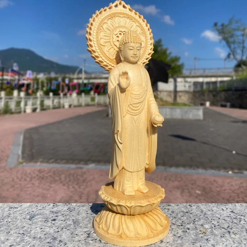 Finely carved wooden medicine buddha statue home altar decoration spiritual art craft for religious gifting - 21cm