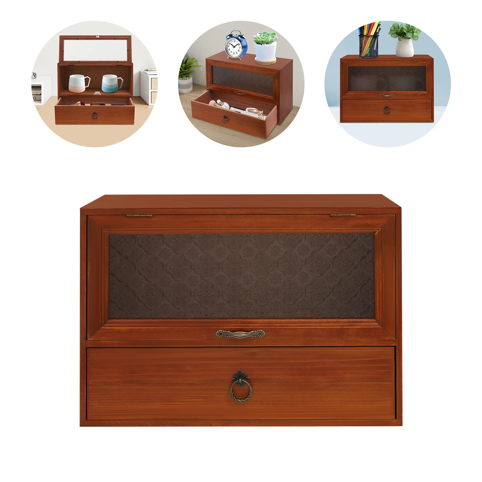 2 tier vintage wooden tabletop organizer magnetic door rustic storage cabinet with drawer dustproof for desk kitchen