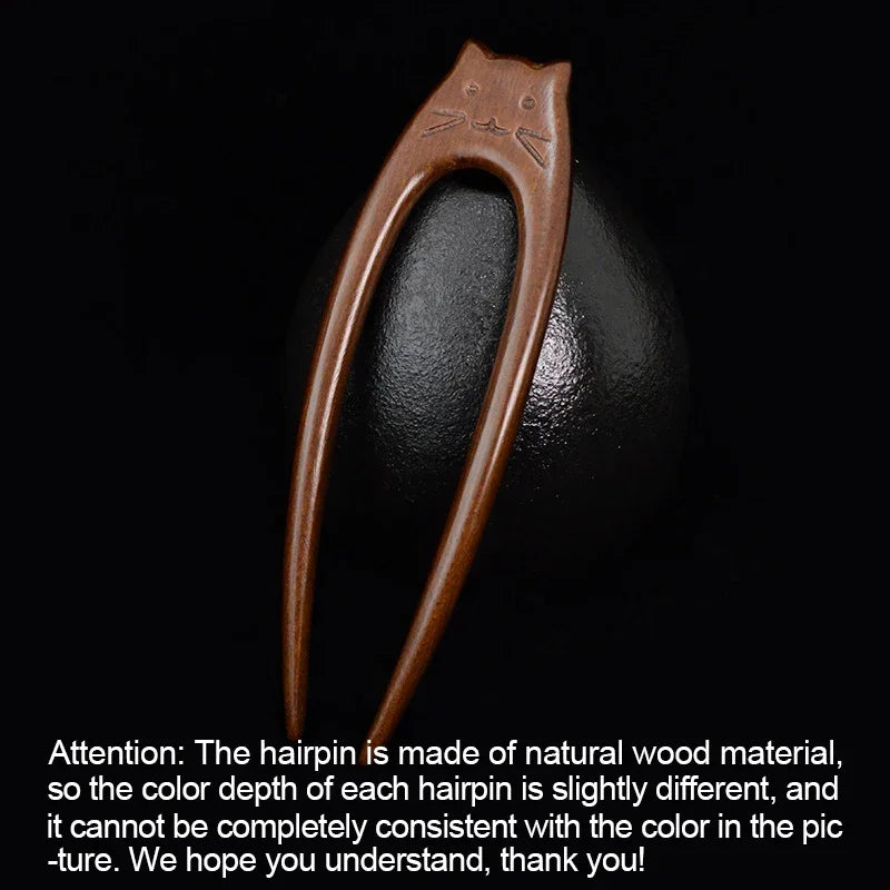 Chinese cat pattern hair sticks wooden u shaped forks for women girls hanfu hairpin headwear headpieces accessories