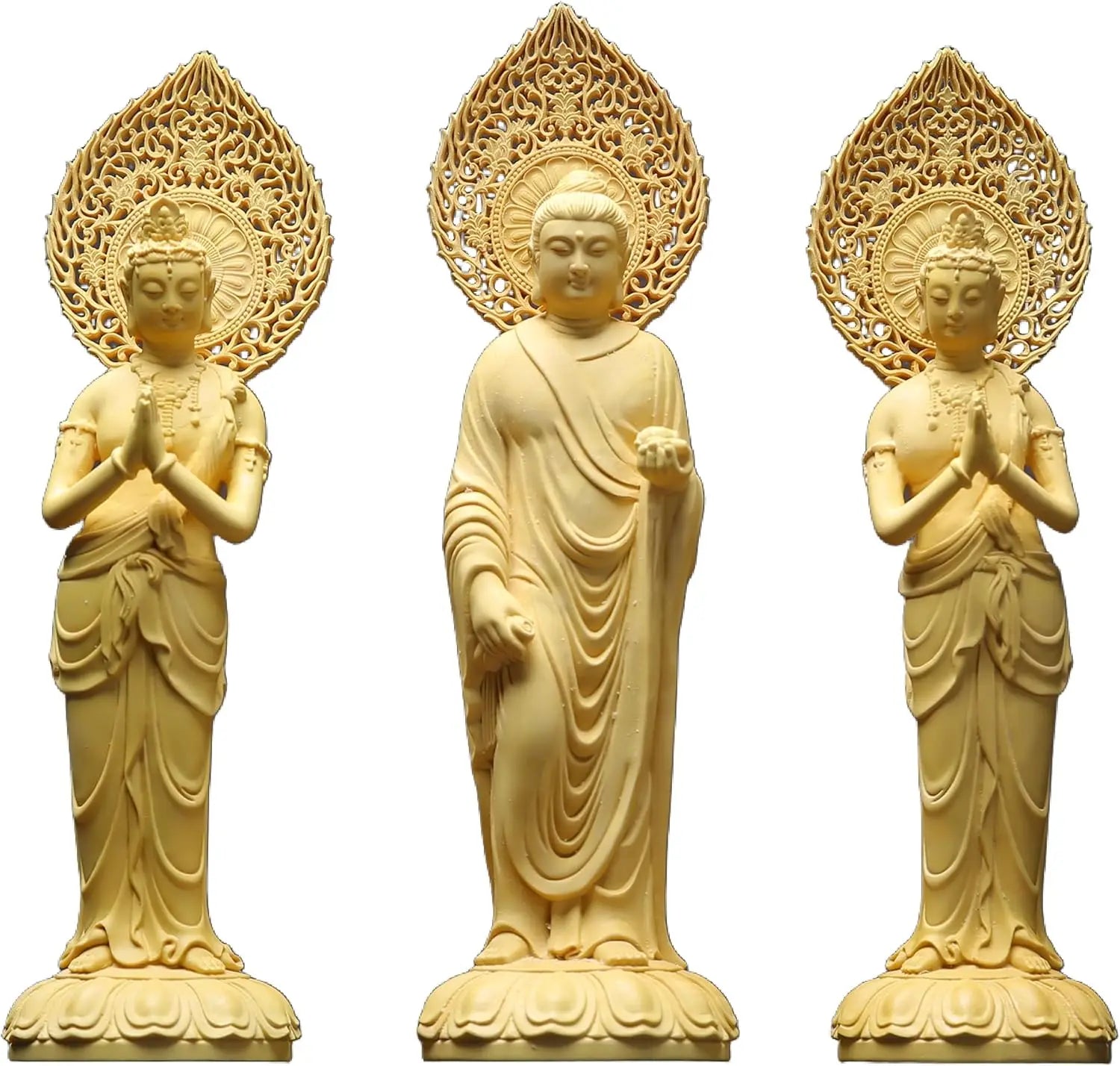 Handcrafted boxwood western three saints buddha statues – amitabha manjushri and samantabhadra wooden sculptures