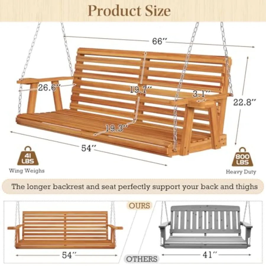 5.5ft wooden porch swing patio with cup holders chains 880lbs weight capacity outdoor chair bench for courtyard gar