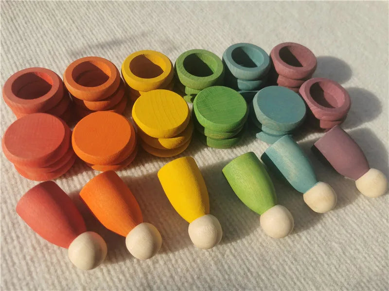 Kids wooden toys beech rainbow coins and rings stacking blocks with peg dolls loose parts - rainbow half set 42 - game