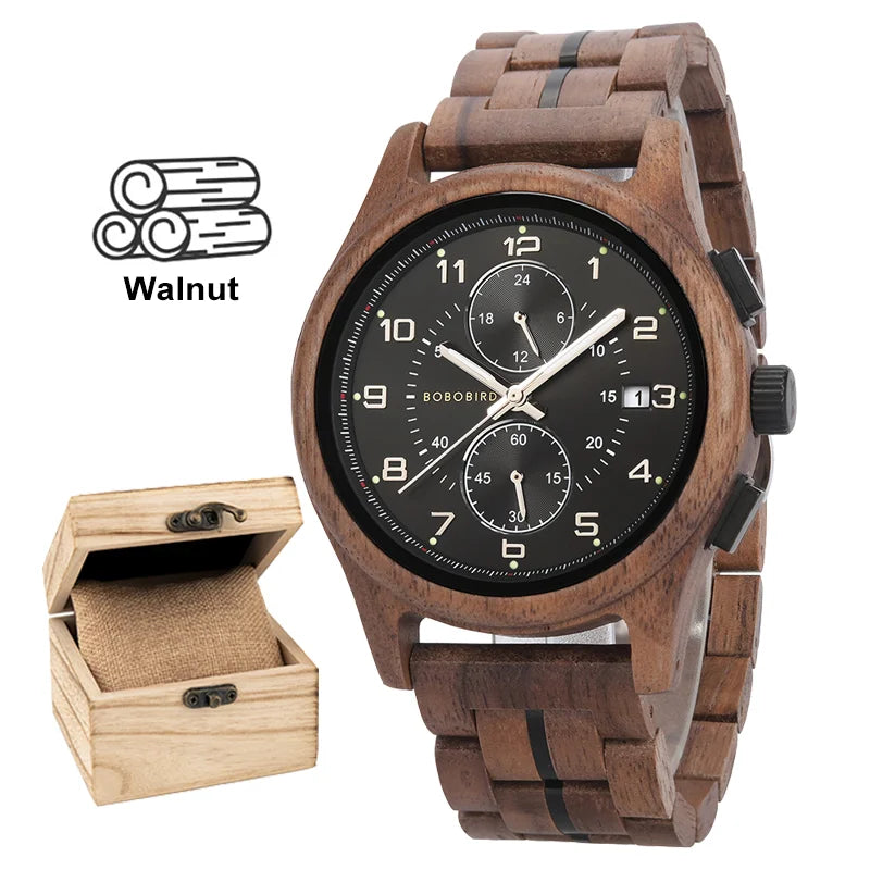 Bobo bird men watches 44mm luxury quartz watch lightweight wooden case and straps for casual support customize gift box