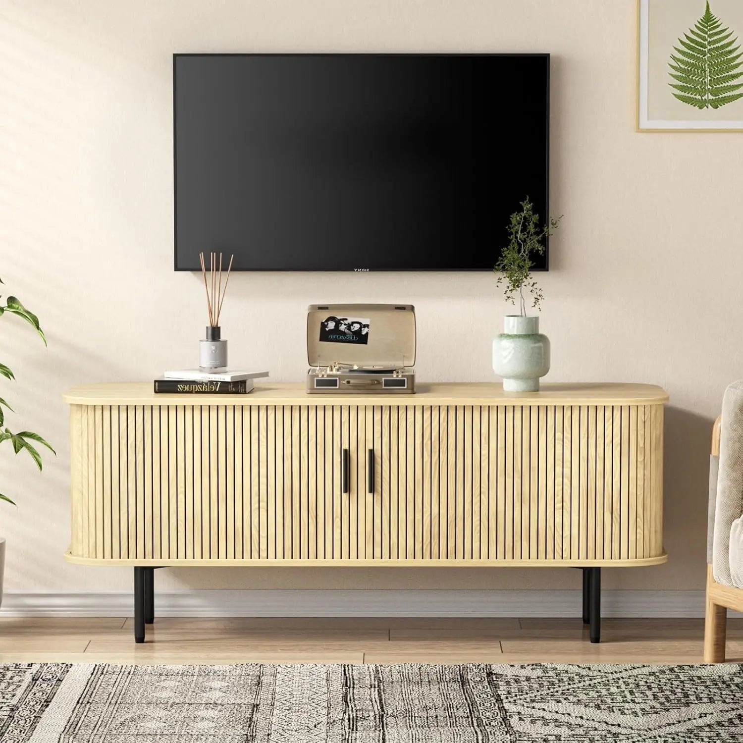 Vabches tv stand for up to 65 inch tvs wood storage cabinet with fluted sliding door console table credenza living room