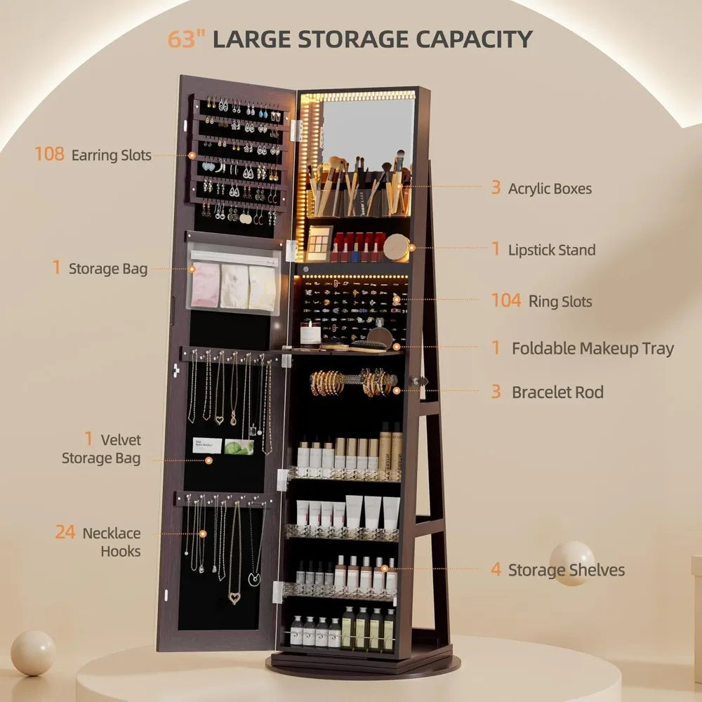 Full length mirror armoire with led lights lockable cabinet jewelry storage 360 swivel