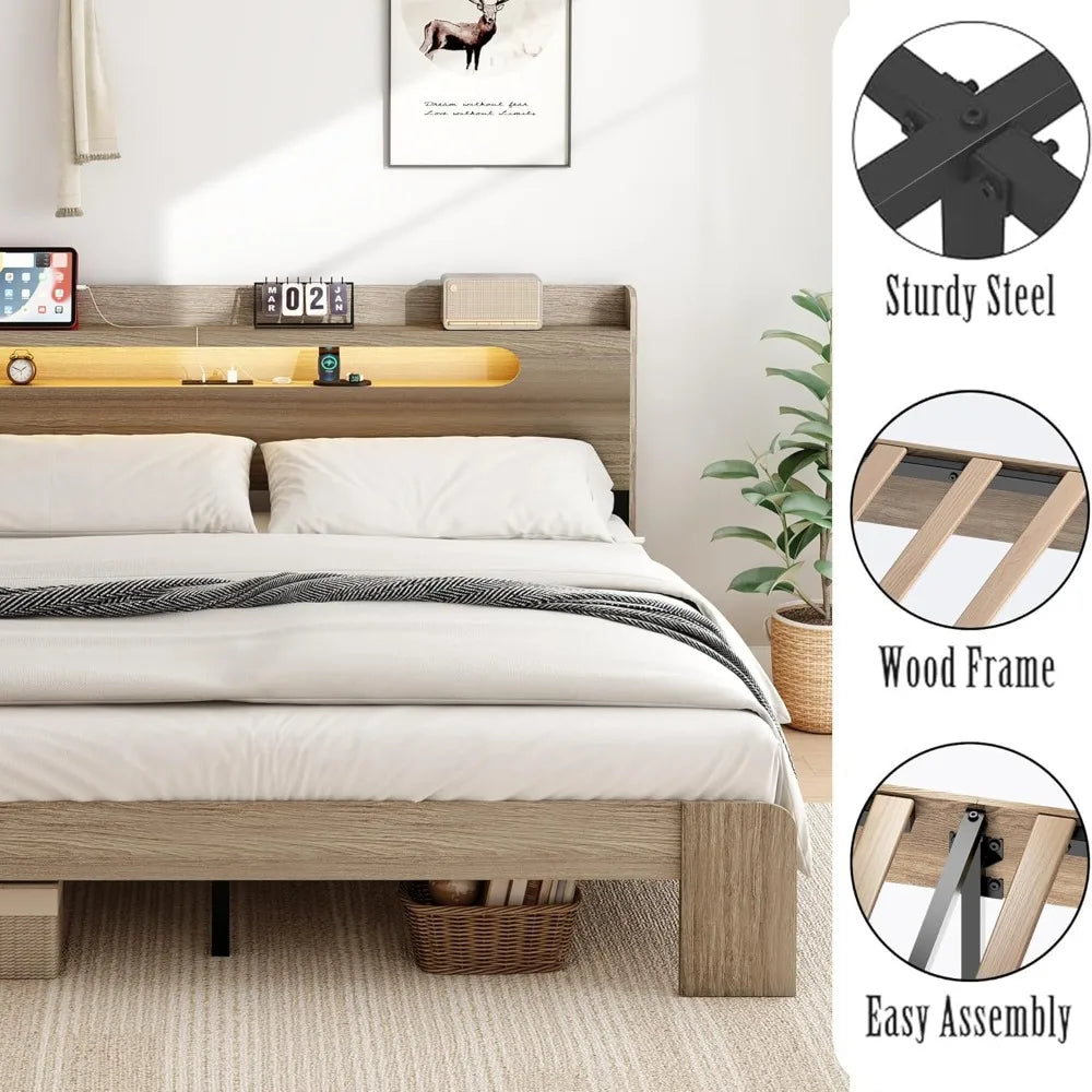 Wooden bed frame king size with headboard rustic framhouse platform bedframe wood slat support sturdy and no noise