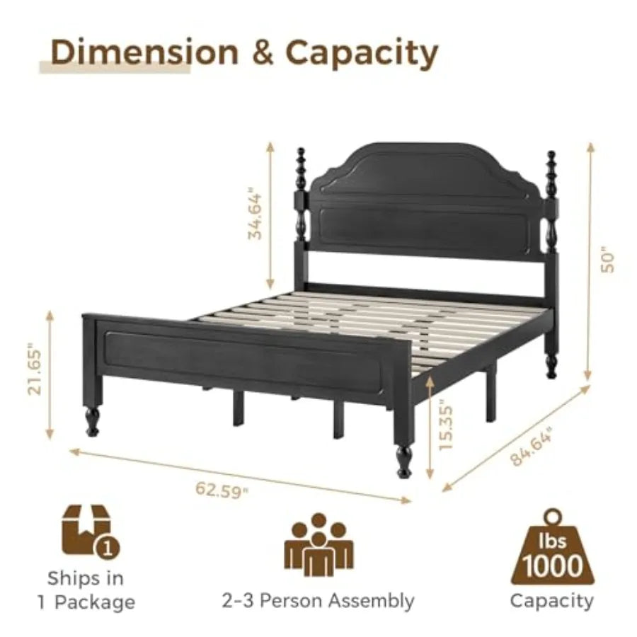 Wood queen size bed frame with wooden headboard and footboard heavy duty 12 solid slats support rubber platform f