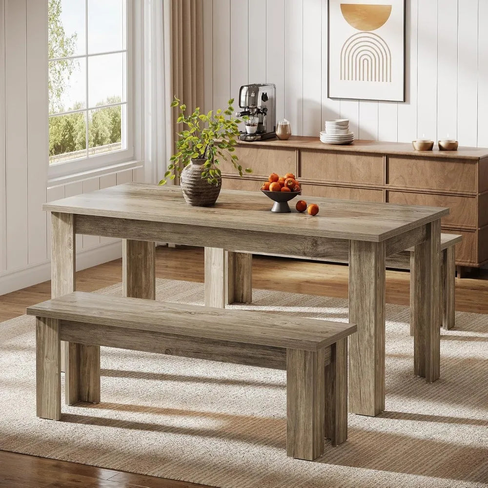 Rectangular 55.1-inch dining table set for 6 with 2 benches and 3 wooden pieces - united states / brown