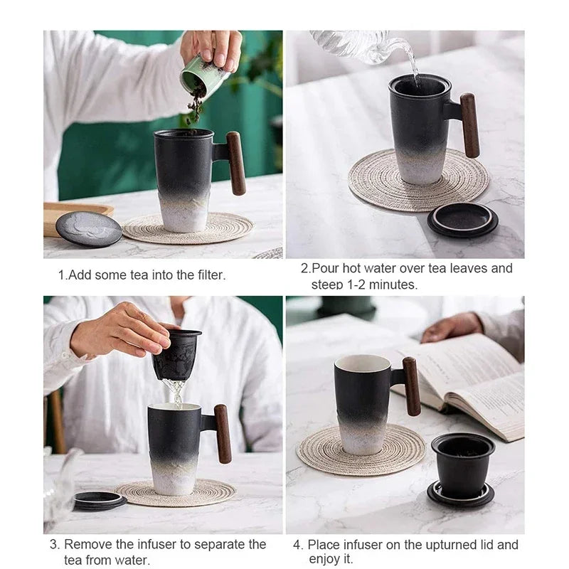 Luxury ceramic bubble tea cup vintage large thermal coffee mug breakfast cups beer tableware wooden handle personalized