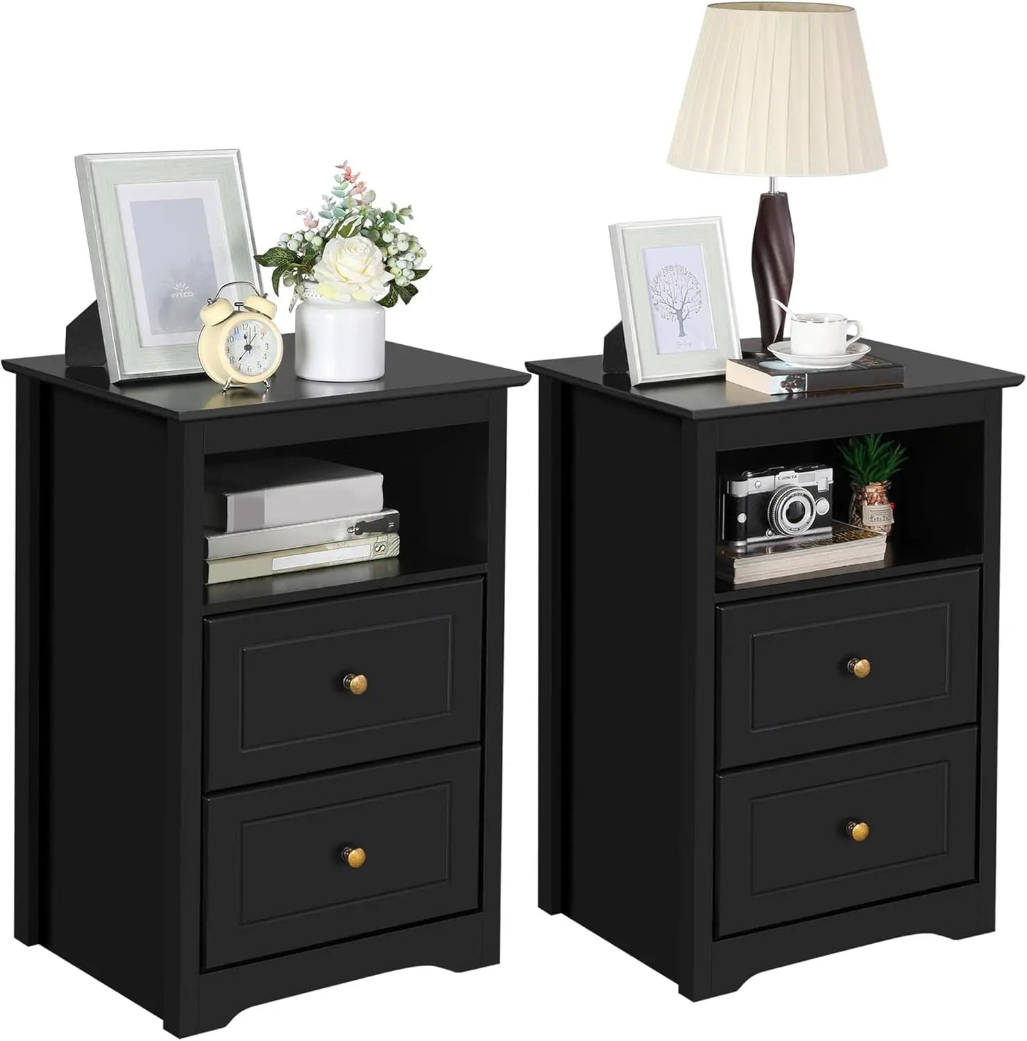 Nightstand set of 2 wooden bedside tables with drawer and cubby 2pcs tall for bedroom small space - black pieces
